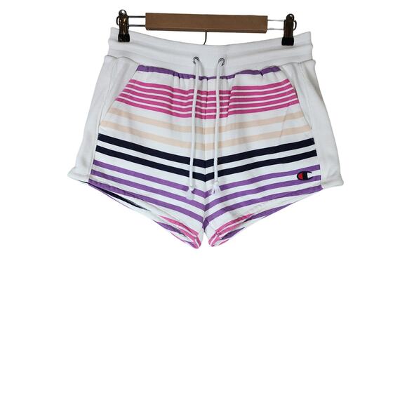 CHAMPION + URBAN OUTFITTERS Pink Purple Black Striped Comfort Sweat Shorts SZ M - Picture 1 of 7